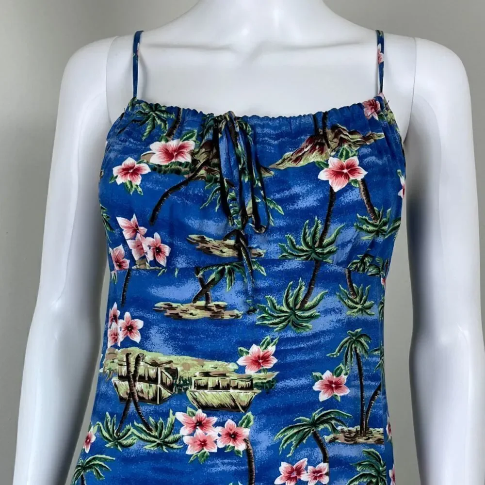 Vintage Women Size M Blue Floral Tropical Hawaiian Novelty Y2K Mini Slip Dress